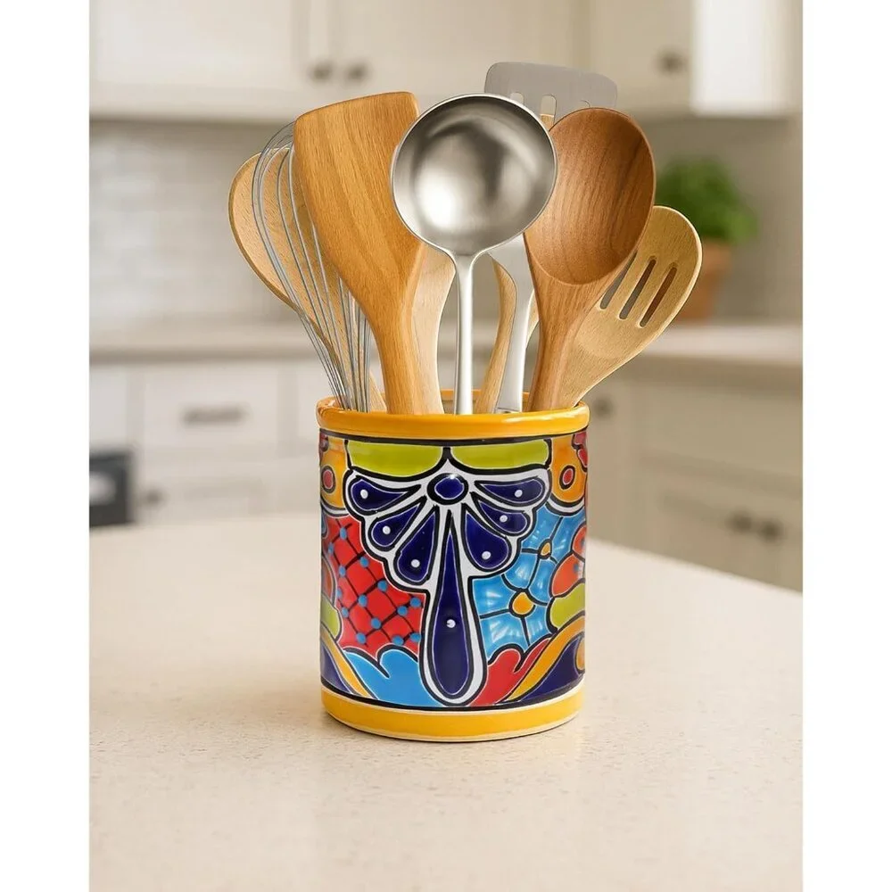 Medium Ceramic Utensil Holder Marigold Yellow Hand Painted Mexican Pottery Crock